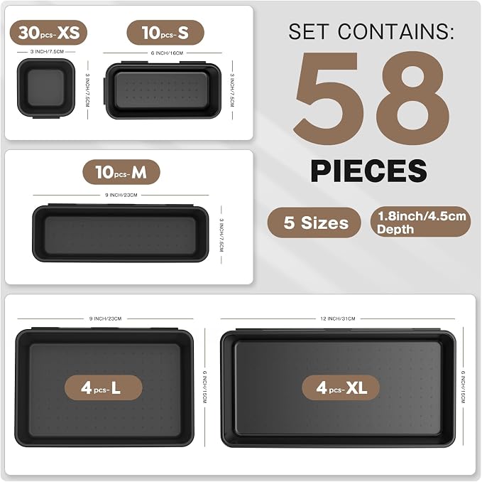 A-LUGEI【𝟱𝟴𝗣𝗰𝘀】【5 Size】 Tool Box Organizer Tray Divider Set, 【Black】 Desk Drawer Organizer, Garage Organization and Storage Toolbox Accessories Rolling Tool Chest Cart Cabinet WorkBench Small Part