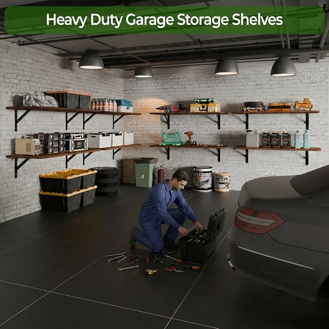 Dogsky 2-Pack Garage Storage Shelving Wall Mounted, 4x2Ft (48x24In) Heavy Duty Wood Floating Wall Shelf, 500lbs Capacity Shelves for Garage, Closets, Utility Rooms and Kitchens, Burn Yellow