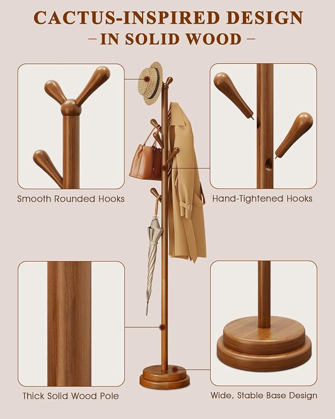 STARSAGA Solid Wood Coat Rack Freestanding Coat Tree with 8 Hooks | Adjustable Height Heavy Duty Coat Rack with Rounded Hooks & Dual-Layer Base, Holds Coats Hats Bags for Entryway, Bedroom
