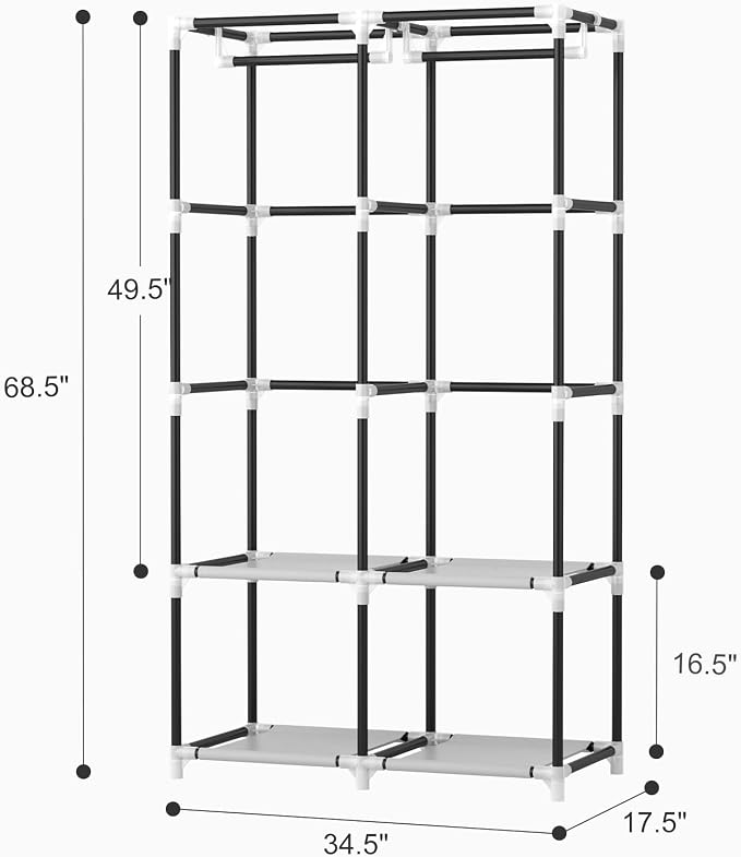 VTRIN Portable Closet Wardrobe for Hanging Clothes with 4 Storage Shelves, 2 Hanging Rods and 6 Pockets, Stable and Easy Assembly Clothes Rack with Cover Free Standing Closet, Brown