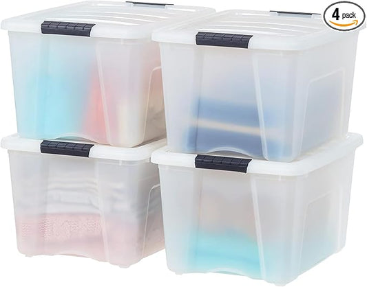 IRIS USA 4-Pack 40 Quart Storage Bins with Lids, Pearl | Conceals contents for a clean look. Perfect for moving, blankets, clothing, and garage storage. Nestable design saves space