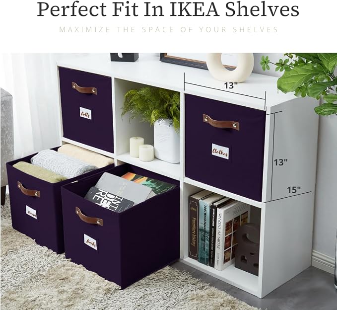 DECOMOMO Storage Bins, Storage Baskets for Shelves | 13" x 15" x 13" Storage Cube Bins with Labels for Organizing Shelves (Kallax, 4pcs, Deep Violet)