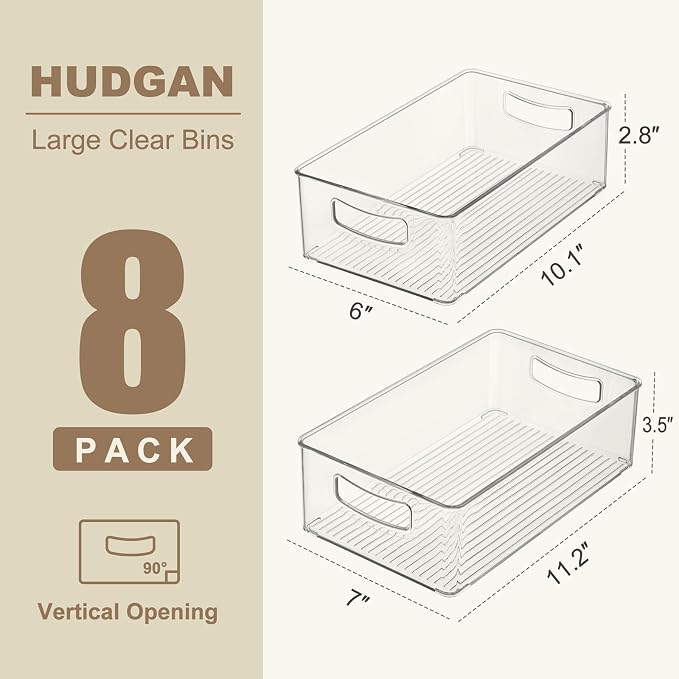 Hudgan Clear Storage Bins 8 Packs for Refrigerator, 4 Large Stackable Pantry Organizer Bins and 4 Medium Storage Plastic Containers for Home Edit, Kitchen, Freezer, Bathroom, Drawers, Shelves