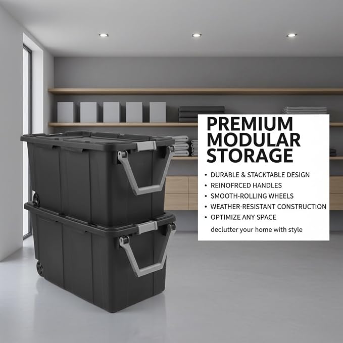 40 Gallon Heavy-Duty Rolling Storage Bins 2-Pack, Dark Gray Industrial Plastic with Pivot Handle, Leakproof Lid & Latches, for Garage Warehouse Equipment Transport & Storage