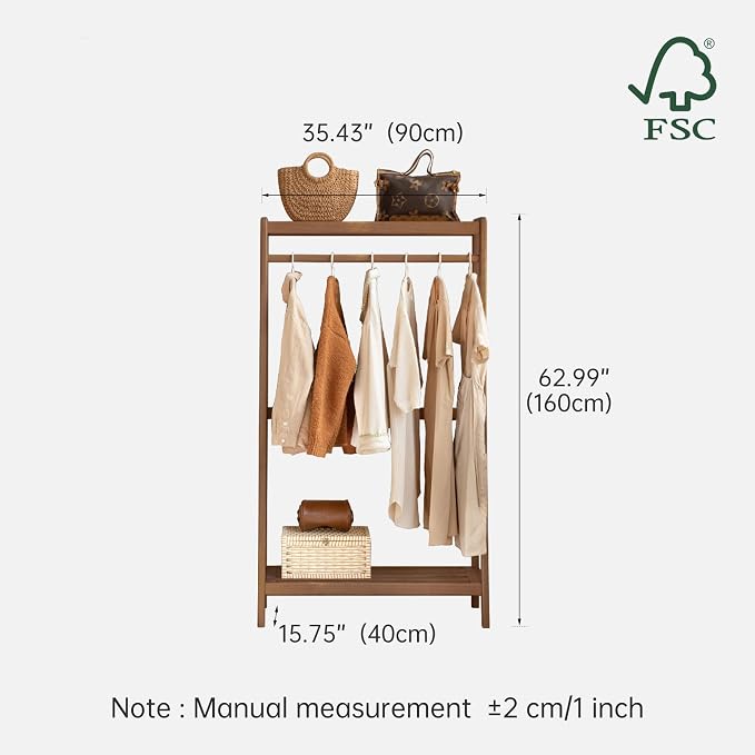 Solid Wood Clothes Rack, Clothing Rack with 2 Shelves Storage, Floor-Standing Coat Rack for Bedroom, Living Room, Entryway,Walnut