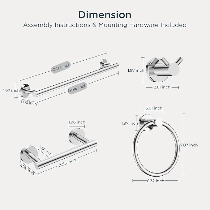 FORIOUS Bathroom Accessories, 4-Piece Bathroom Hardware Set - 18" Towel Bar | Chrome | Towel Hooks, Towel Racks for Bathroom, Toilet Paper Holder Wall Mounted & Towel Ring | SUS304 Stainless Steel