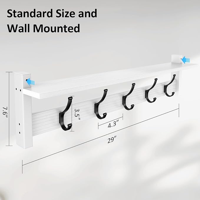 Optish Coat Rack Wall Mount with Shelf, 29 Inch Coat Hanger Walls Mounted, Hat Rack for Walls, Shelf with 5 Coat Hooks, Wall Hanger for Entryway (White)