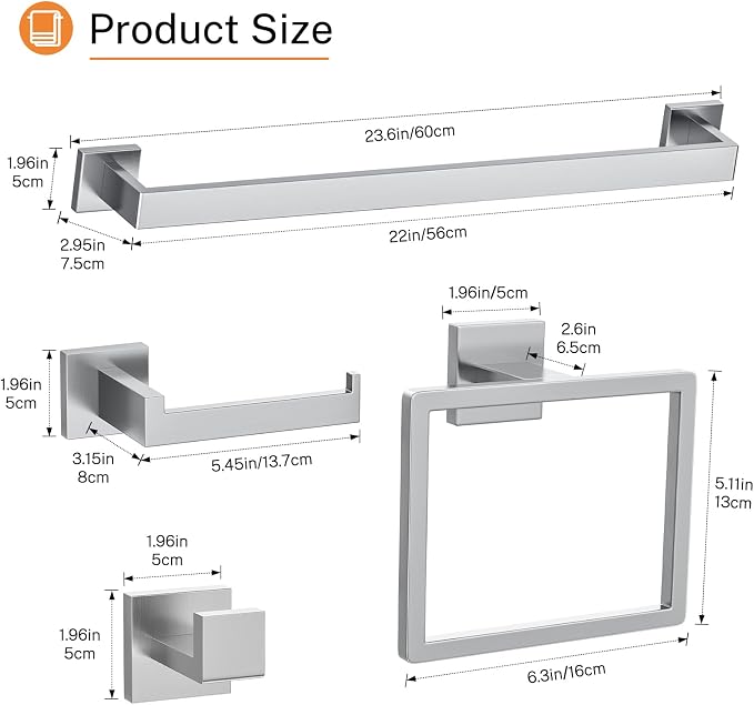 5 Pieces Towel Bar Set Brushed Nickel Bathroom Hardware Accessories Set SUS304 Stainless Steel Towel Holder Set for Bathroom 23.6 Inch Towel Bar,Towel Rack Wall Mounted