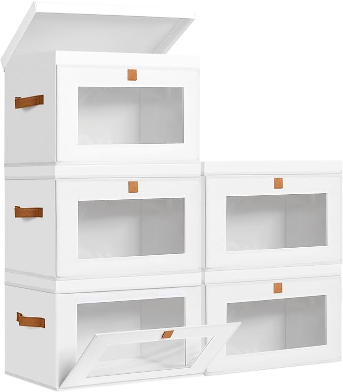 DIMJ Storage Bins with Lids - 5 Pack Large Fabric Closet Organizer with Window & Handles, Collapsible Decorative Storage Boxes for Shelves Under Bed, Books Clothes Blankets Sweaters Organization