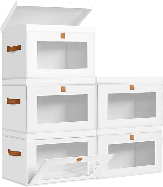 DIMJ Storage Bins with Lids - 5 Pack Large Fabric Closet Organizer with Window & Handles, Collapsible Decorative Storage Boxes for Shelves Under Bed, Books Clothes Blankets Sweaters Organization