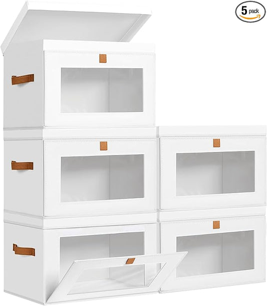 DIMJ Storage Bins with Lids - 5 Pack Large Fabric Closet Organizer with Window & Handles, Collapsible Decorative Storage Boxes for Shelves Under Bed, Books Clothes Blankets Sweaters Organization