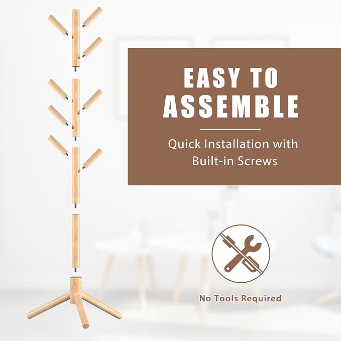 Haddockway 3 Adjustable Freestanding Wooden Coat Rack Stand 8 Hooks,Hallway