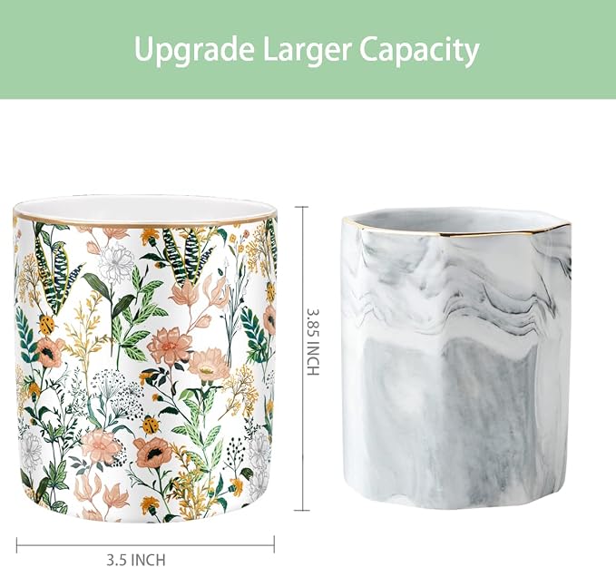 Large Capacity Colored Pen Holder for Desk, Ceramic Pencil Holder Pen Cup Marker Holder Makeup Brush Holders, Desk Accessories & Workspace Organizers for Home, Office, White Flower