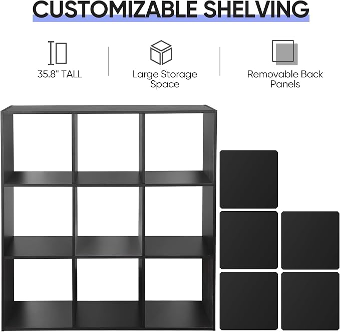 9-Cube Storage Organizer,Wooden Bookshelf Cube Storage,Freestanding Bookcase w/5 Removable Back Panels,Display Shelf Bedroom, Living Room, Home,Office,Study,Black