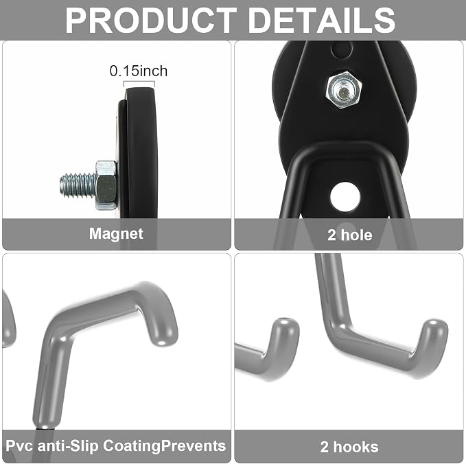 Landhoow 10 Pcs Large Magnetic Hooks Heavy Duty Garage Magnet Hooks Strong Storage Utility Magnetic Hangers with Anti Slip Rubber Coating for Indoor and Outdoor Hanging (Grey)