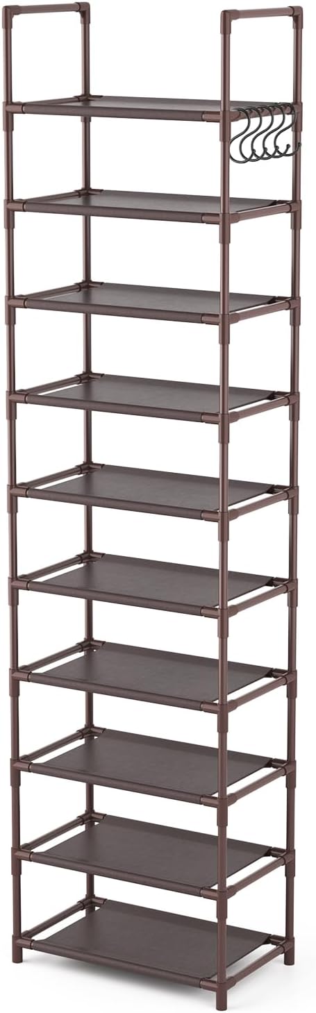 LANTEFUL 10 Tiers Tall Shoe Rack 20-25 Pairs Boots Organizer Storage Sturdy Narrow Shoe Shelf for Entryway, Closets with Hooks, Brown