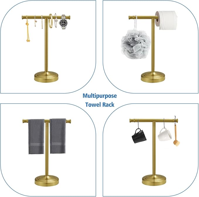 RUMOSE Brushed Gold Hand Towel Holder Stand Countertop Towel Rack | 13 Inch Bathroom Kitchen Vanity T-Shape Towel Stand Free Standing Stainless Steel Towel Bar Towel Ring