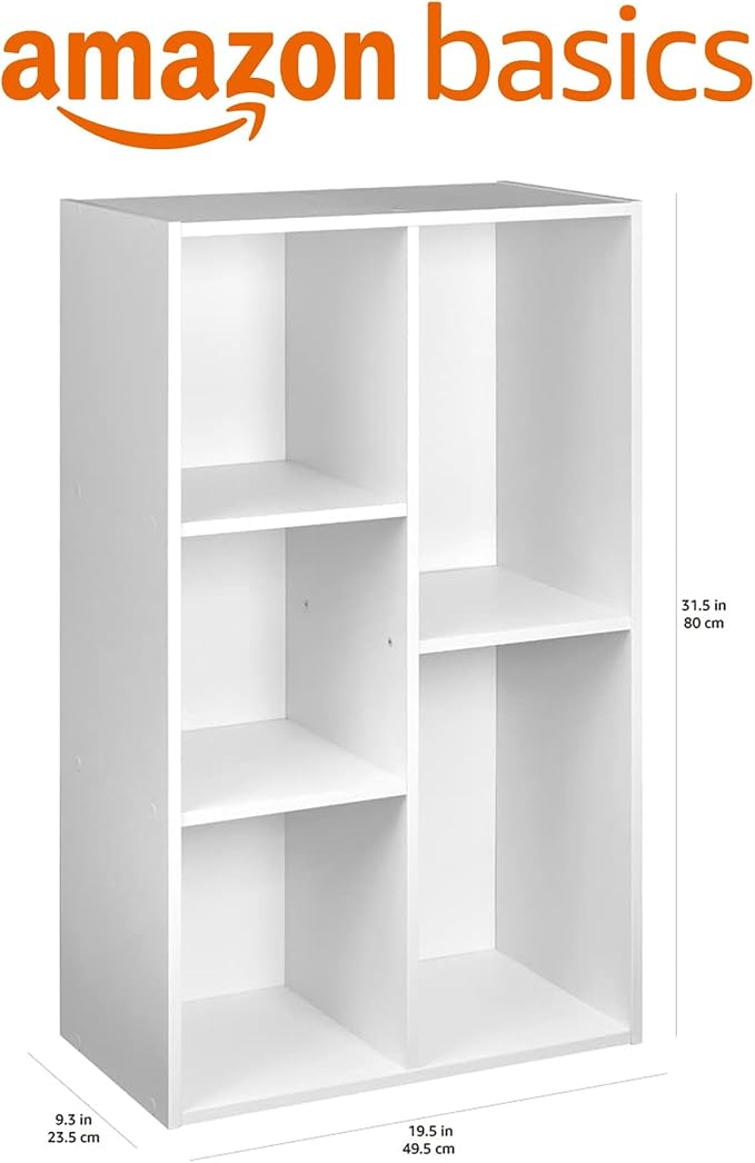 Amazon Basics 5 Cube Storage Organizer Bookcase, Sturdy Shelves for Books and Collectibles, White, 9.25"D x 19.49"W x 31.5"H | Storage Shelves