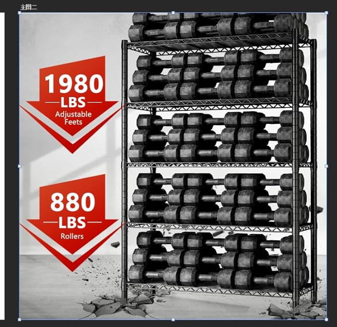 REIBII 5 Tier Storage Shelves with Wheels,1980LBS Metal Shelving for Garage | 25mm thickened pipes, 396 lbs/shelf, lock casters or switch to leveling feet, tool-free setup, fits pantry & kitchen