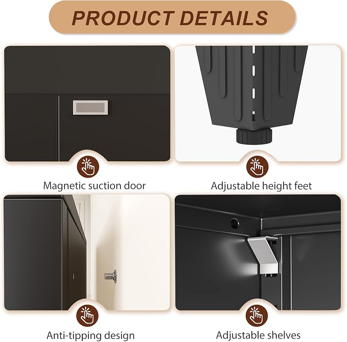 71" Black Metal Storage Cabinet with 2 Doors and 4 Adjustable Shelves,Steel Garage Tool Cabinet, File Cabinet,Kitchen Pantry Cabinet for Home,Office,Garage,School,Warehouse