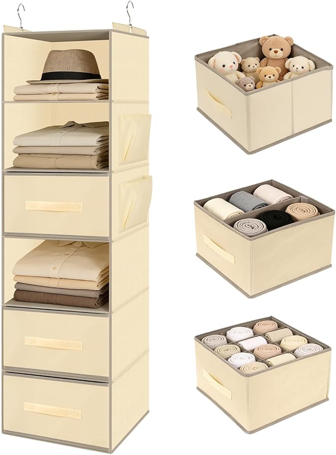 Hanging Closet Organizer 6-Shelf with 3 Drawers & Side Pockets, Closet Organizers and Storage for Dorm, Nursery & Wardrobe Organization, Hanging Shelf Clothes Organizer for Sweaters, Shoes, Beige