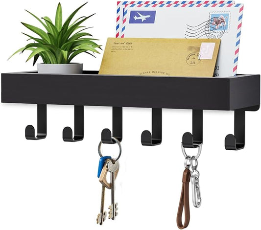 Key Holder Wall Mount Magnetic Adhesive, Key Hooks Rack with Shelf | Key Hanger with Mail Organizer for RV Camper Fridge Living Room Decor, Home Essentials, Black