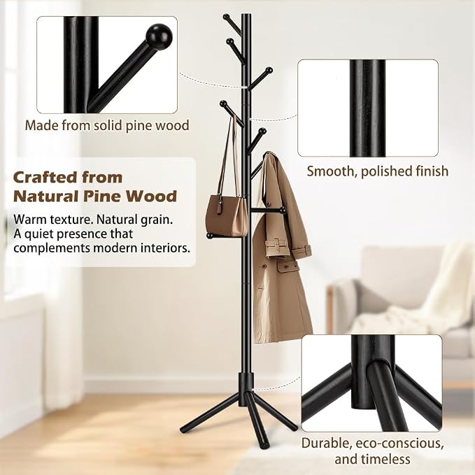 Wooden Coat Rack Freestanding, Adjustable Height Solid Wood Clothes Stand with 8 Ball-End Hooks, Stable Tripod Base, 5.7FT Floor Coat Tree for Entryway Bedroom Office, Black