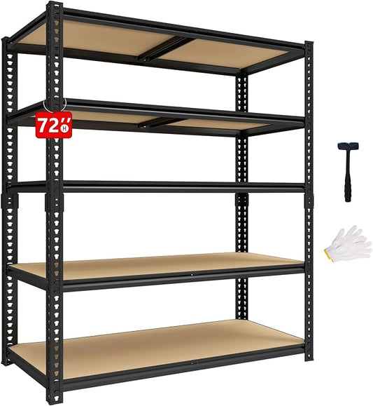 72" H Heavy Duty Garage Shelving, 2400LBS Capacity 5-Tier Storage Shelves,Adjustable Industrial Metal Garage Shelves for Basement Pantry Kitchen Warehouse, 16" D x 36" Wx72 H,Black