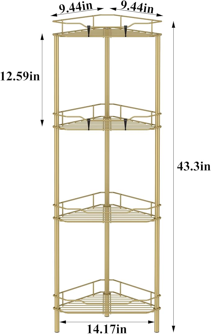 HuggieGems 4 Tier Floor Standing Corner Shower Caddy Organizer Shelf with Hooks, Bathroom Shelves Stand Rack, Gold