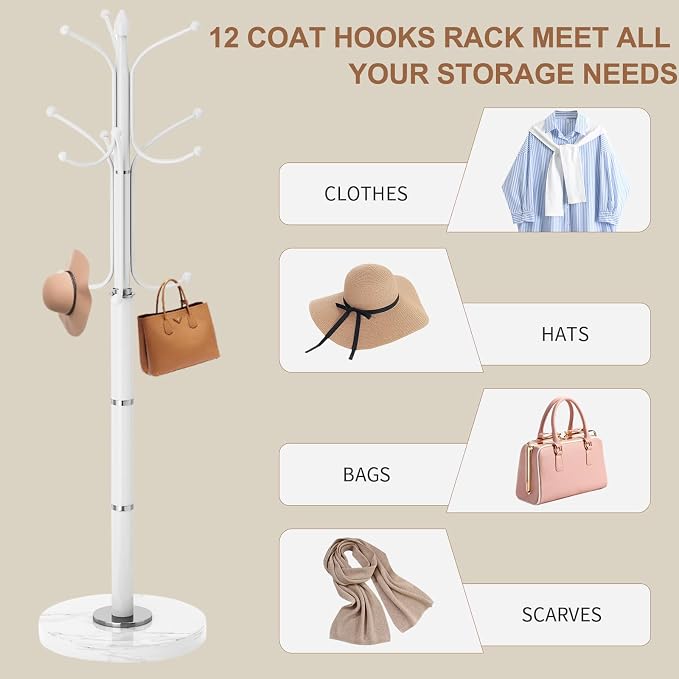 Coat Rack Stand,White Metal Coat Rack Freestanding with 12 Hooks | Modern Coat Rack with Natural Marble Base,Heavy Duty Coat Hanger Stand, Coat Hall Clothes Tree Stand for Office,Bebroom