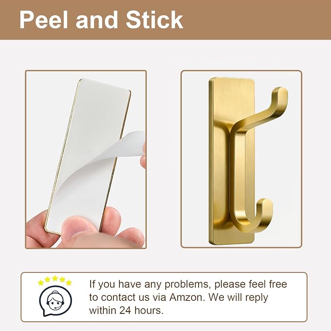 pickpiff 12 Pack Stick-on Hooks Strong 13LB for Coat & Towel, Brushed Gold