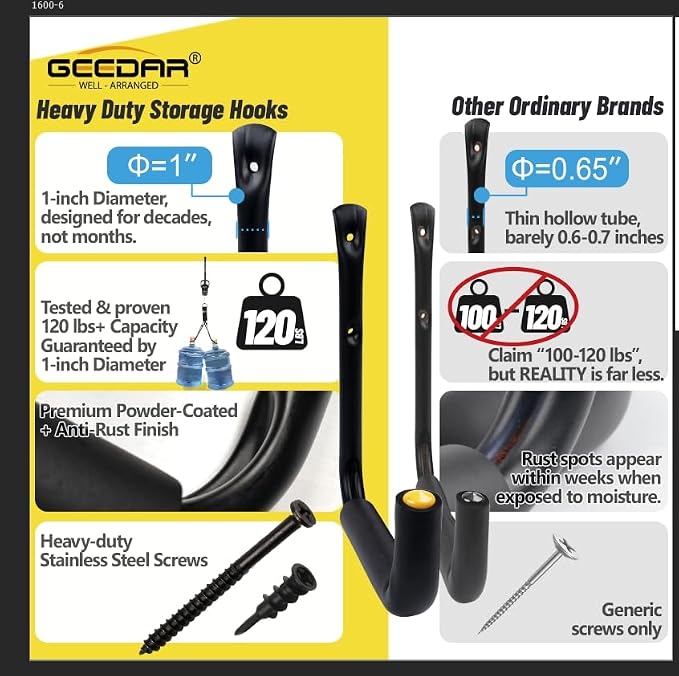 GEEDAR Heavy Duty Garage Storage Hooks -120 LB Capacity, 4packs, 15" Wall Mounted Rack for Hanging Kayak, Paddle Board, Ladders, Bikes Enforced Kayak Storage Hanger