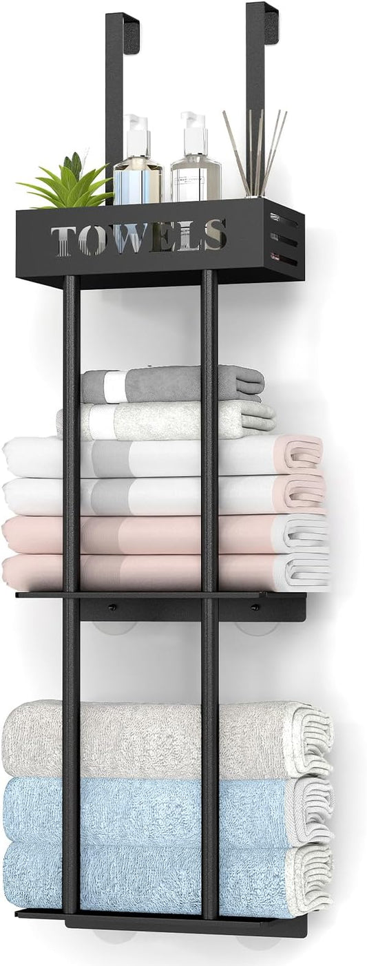 Bethom 3 Tier Over The Door Towel Rack, Hanging Towel Rack, Matte Black | Bathroom Towel Holder with Shelf, Over Door & Wall Mount Design, Ideal for Small Bathrooms, Sturdy Rust-proof Stainless Steel