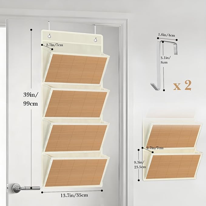 hanging wall file organizer, Over the door file folder organizer with 4 Large Bamboo Pockets, Suitable for Home, Office, Back to School Supplies Storage and Organization (Beige)