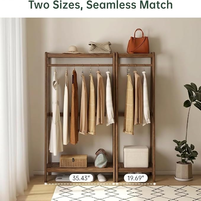Solid Wood Clothes Rack, Clothing Rack with 2 Shelves Storage, Floor-Standing Coat Rack for Bedroom, Living Room, 16" x 20" x 63",Entryway,Walnut