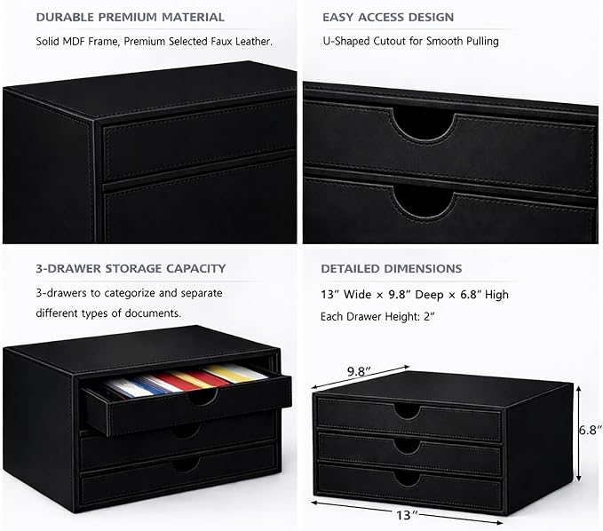 UnionBasic Document Organizer, 3-Drawer File Cabinet Document Storage Box, Office Desktop Filing Organizer, Black