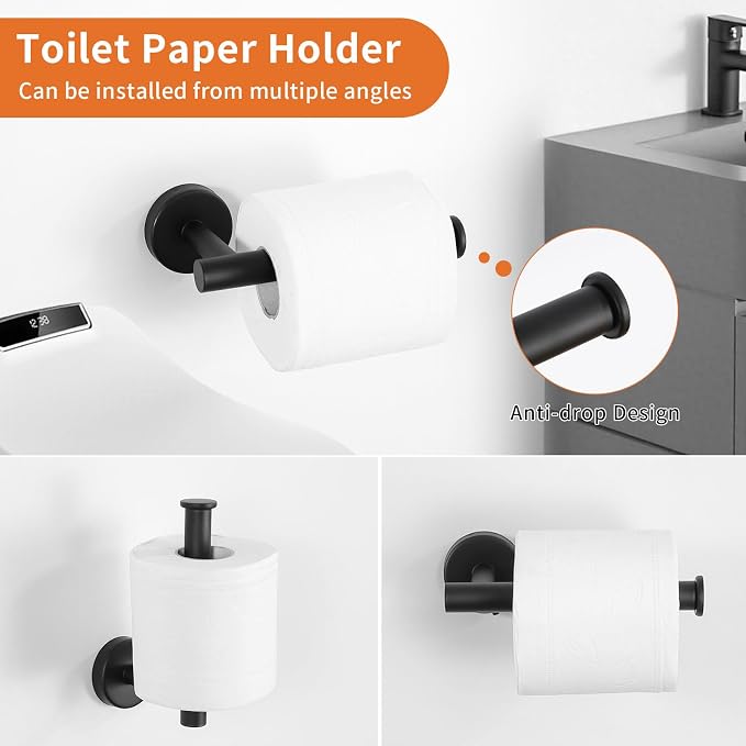 5-Piece Matte Black Bathroom Hardware Set, Towel Racks Set for Bathroom SUS304 Stainless Steel Toilet Paper Holder Wall Mounted, 24 Inch Modern Bathroom Accessories Kit