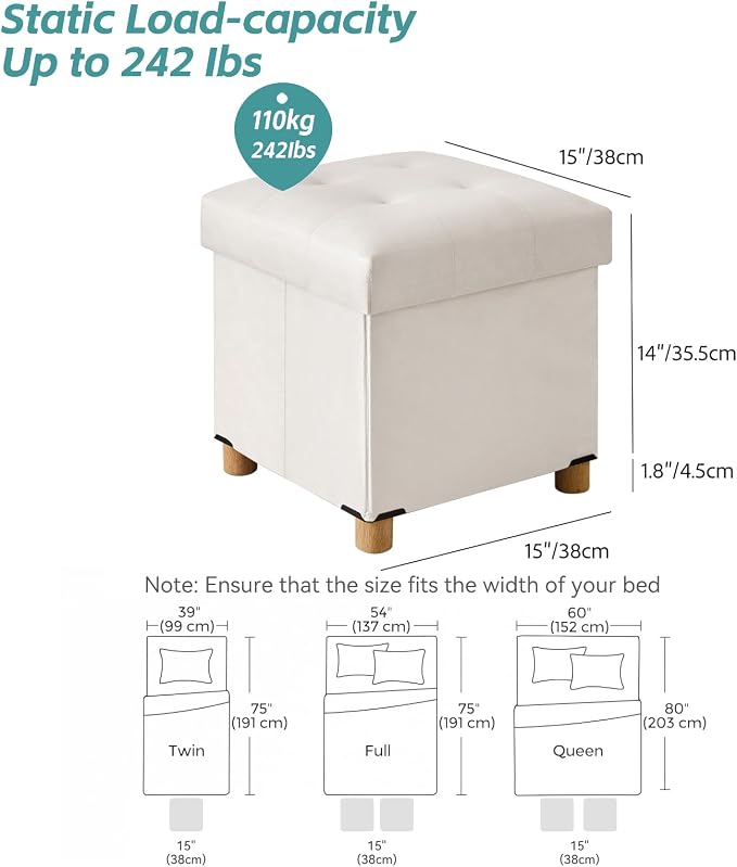 BRIAN & DANY 15" Small Ottoman with Storage Cube, Square Storage Ottoman Foot Stool with Wood Legs, Velvet Ottomans for Living Room, Bedroom, Dorm, White