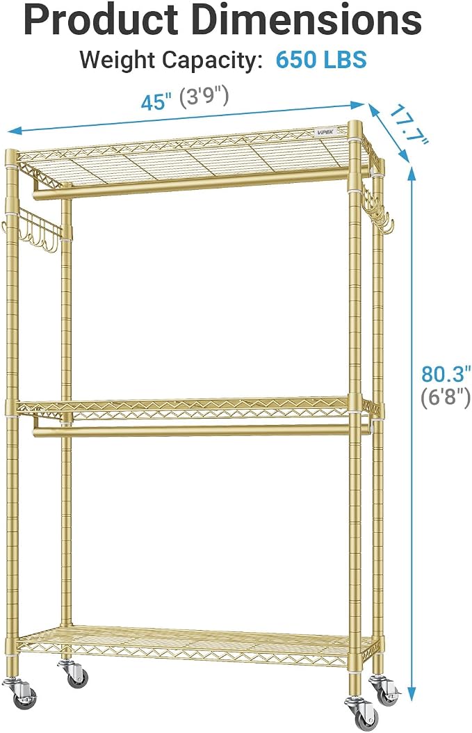 VIPEK R2 Plus Rolling Clothes Rack for Hanging Clothes Heavy Duty Garment Rack 3 Tiers Adjustable Wire Shelving Clothing Racks with Double Hanging Rods, Closet Organizers and Storage, Gold