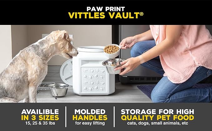 Vittles Vault Traditional Pet Food Storage Container For Dog Kibbles/Bird Seed/Oatmeal/Rice/Flour/Cereal, BPA Free Plastic, Sealed Airtight For Cat Food, Up To 35 lb, Made in USA, With Scoop, Gray