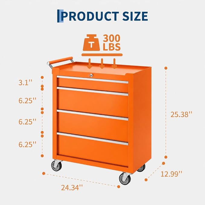 Garvee Rolling Tool Chest, 4 Drawers Tool Storage Cabinet, Toolbox with Wheels, Portable Tool Cabinet Organizer with Locking System & Drawer Liners, Tool Storage Cart for Garage, Workshop, Orange