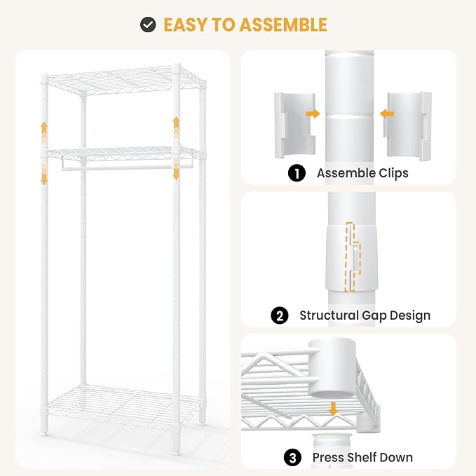 Heavy Duty Garment Rack Clothes Rack for Hanging Clothes Wardrobe Closet with 3 Adjustable Shelves & 1 Hanging Rod 23.62" L*15.75" W*70.87'' H White