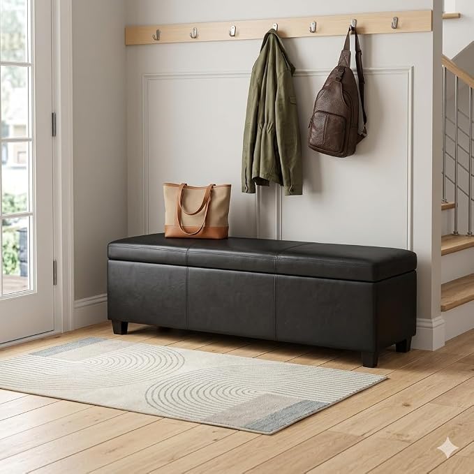 SIMPLIHOME Cosmopolitan 34" Wide Vegan Leather Storage Ottoman in Blue | Transitional lift-top ottoman with high-density foam; rectangle storage bench or coffee table for living room or entryway.