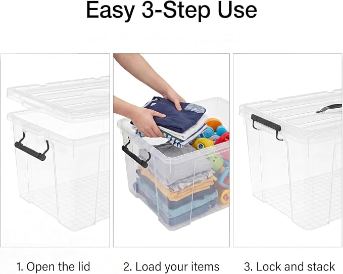 4 Pack 72 QT Plastic Storage Bins with Lids | Clear Stackable Bins with Secure Latches and Handles Heavy-Duty Storage Containers For Home Office and Garage Organization
