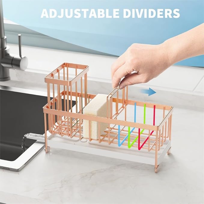 Cisily Sponge Holder for Kitchen Sink, Sink Caddy Organizer with High Brush Holder, Kitchen Countertop Organizers and Storage Essentials, Rustproof 304 Stainless Steel (Rose Gold, 9.25″)