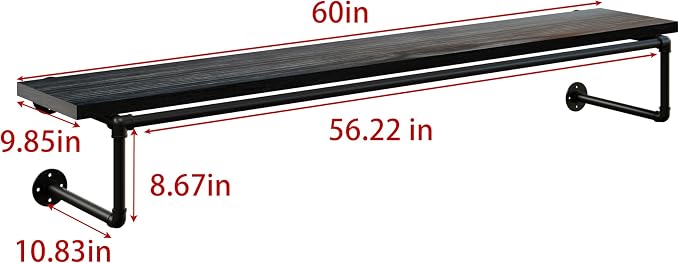 Clothes Rack 60in, Wall Mounted Garment Racks with Black Solid Wood Shelf, Heavy Duty Hanging Clothes Rack, Multi-Purpose Hanging Rod, Space-Saving Closet Storage