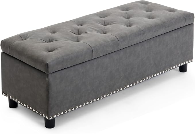 BELLEZE Storage Ottoman, Tufted Ottoman with Close Hinge, Foot Rest for Living Room (Rustic Gray, 47 inch)