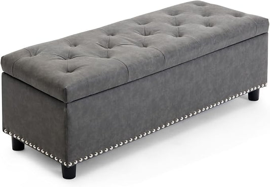 BELLEZE Storage Ottoman, Tufted Ottoman with Close Hinge, Foot Rest for Living Room (Rustic Gray, 47 inch)