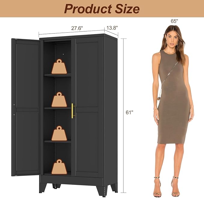 61" Black Metal Storage Cabinet with 2 Doors and 3 Adjustable Shelves,Steel Garage Tool Cabinet, File Cabinet,Kitchen Pantry Cabinet for Home,Office,Garage,School,Warehouse