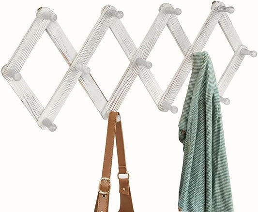 Accordian Wall Hanger, Expandable Coat Rack Wall Mounted, Accordion Style Wood Hat Rack with 13 Peg Hooks for Hanging Coats, Hats, Mugs, Bags, Purses, Necklaces, Rustic White